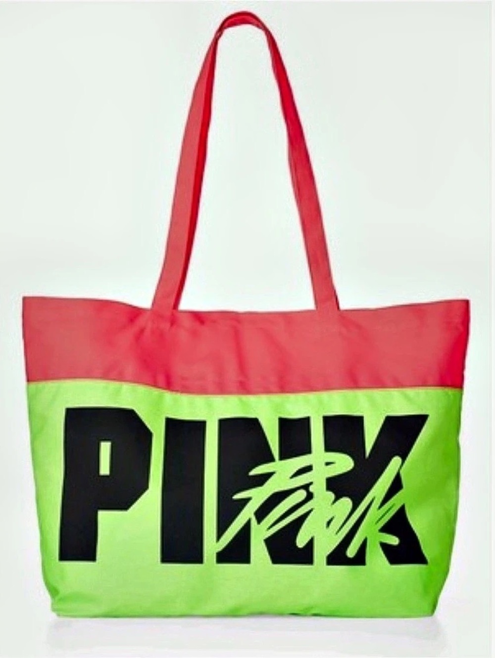 Victoria's Secret PINK Neon Green & Pink Canvas Tote Bag